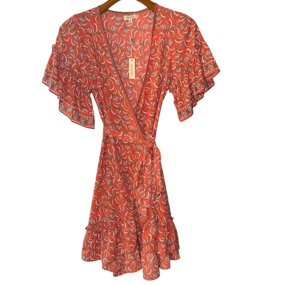 Max Studio Coral Floral Faux Wrap Ruffle Mini Dress Large NWT 8912C60 Summer